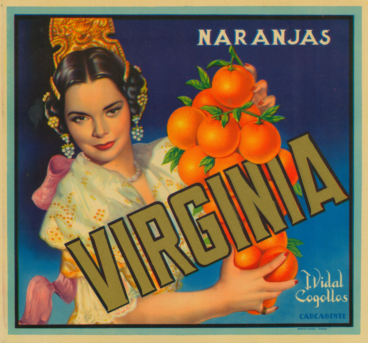 Naranjas Virginia- Spanish Crate Label - Authentic Vintage Antique Print