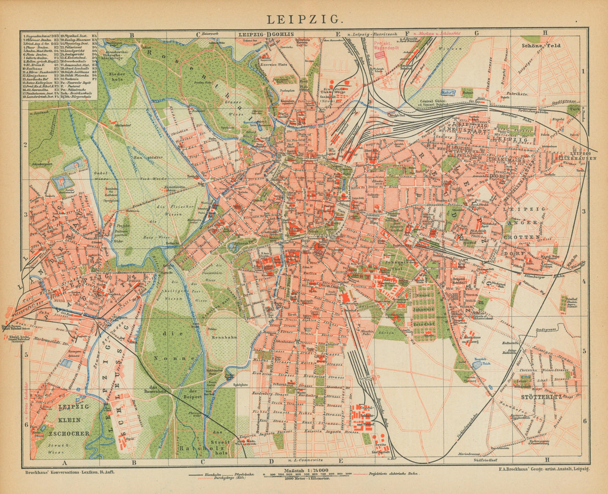 Leipzig, Germany- Antique Map (1895) - Authentic Vintage Antique Print