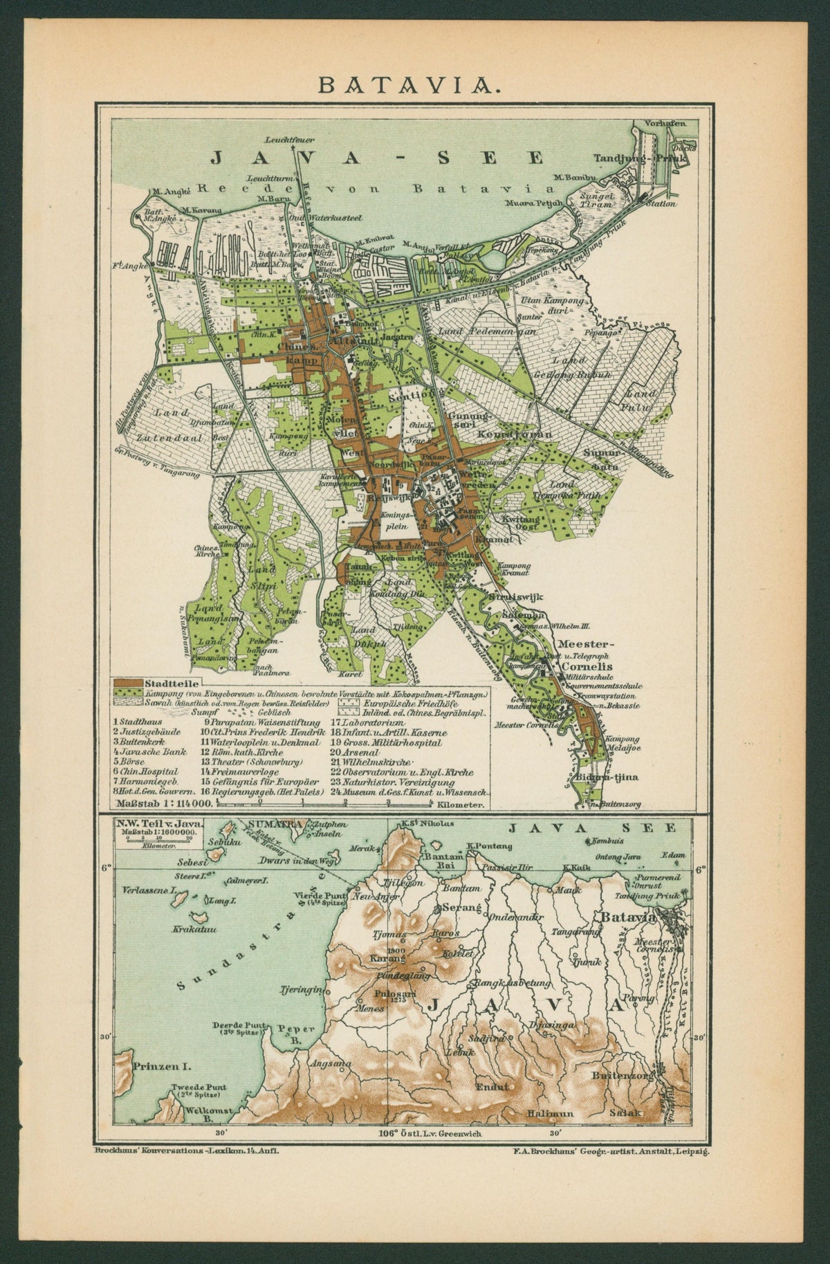 1895 BATAVIA JAKARTA CITY and SUBURBS INDONESIA Antique Map - Authentic Vintage Antique Print