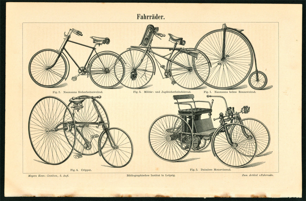 Bicycles and Daimler Motor Vehicle Antique Engraving - Authentic Vintage Antique Print