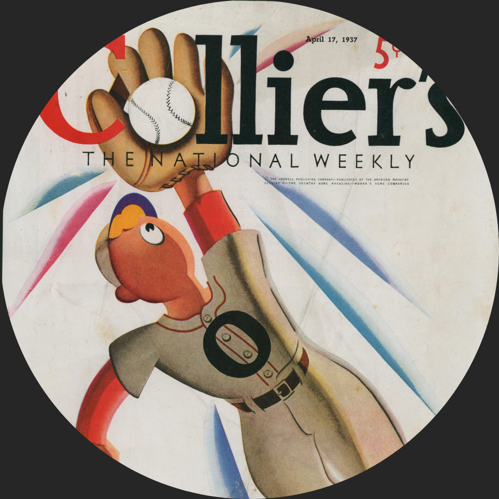 Illustration of a baseball player in a gray uniform catching a ball in front of the Colliers magazine title, dated April 17, 1937, with colorful streaks in the background.