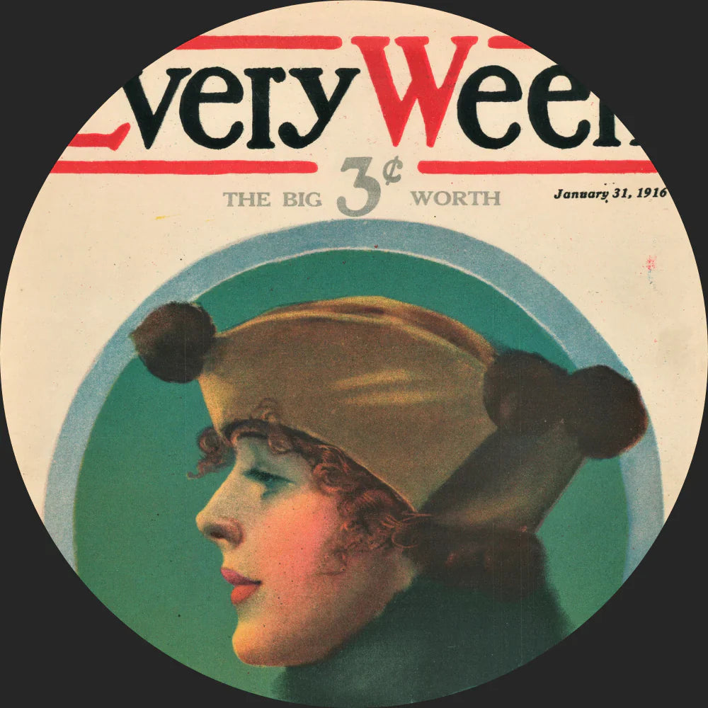 Vintage magazine cover featuring a woman in profile, wearing a yellow hat with two dark pom-poms. The text above reads Every Week and January 31, 1916 with a price of 3 cents.
