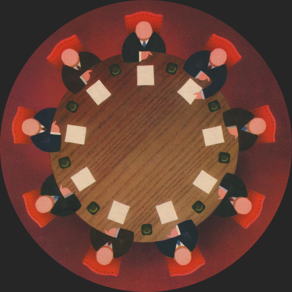 Illustration of eight people in suits sitting around a round wooden table with papers and hats in front of them, viewed from above, on a red background.