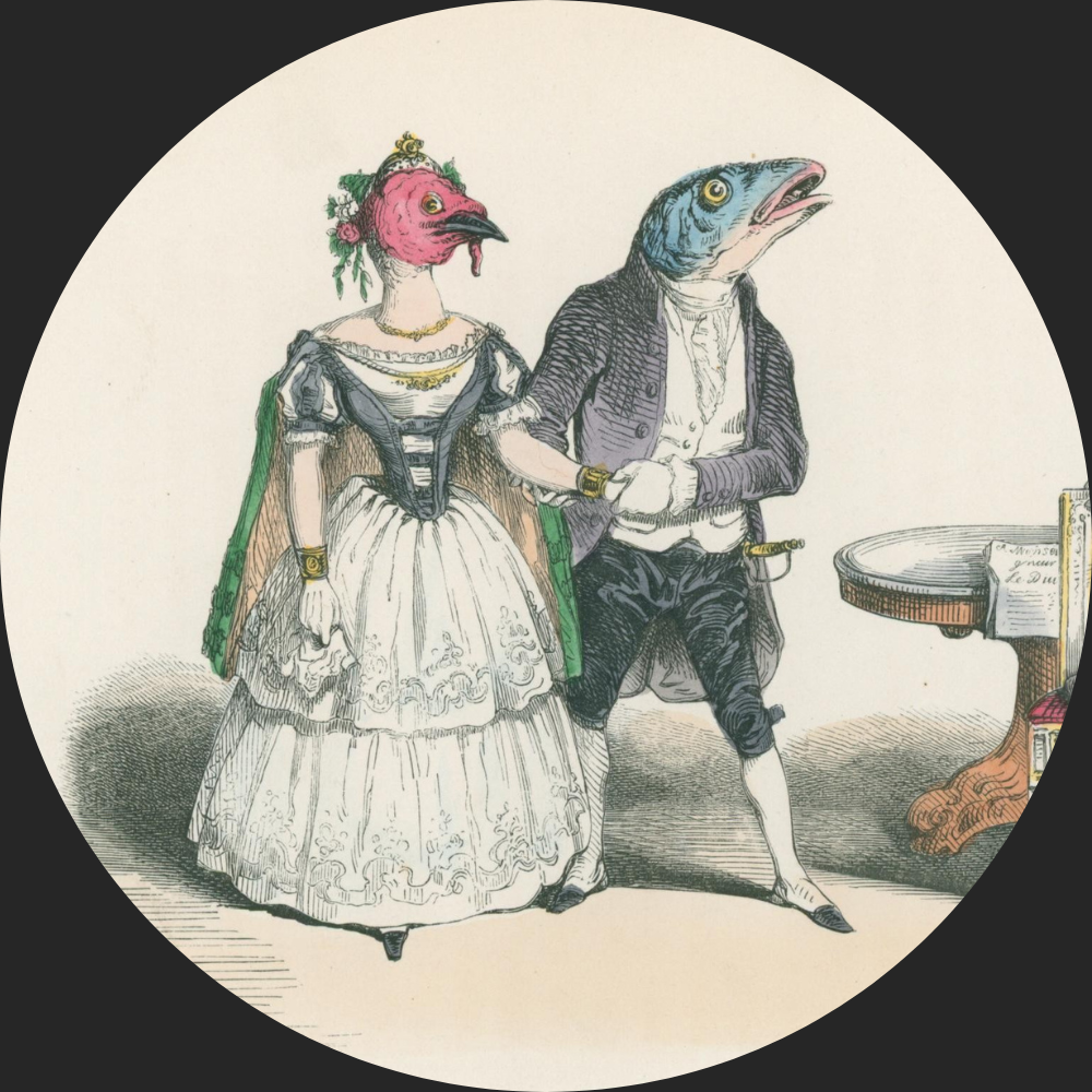 A vintage illustration of a formally dressed couple, with the woman having a bird head and the man a fish head, standing arm in arm beside a table with books.