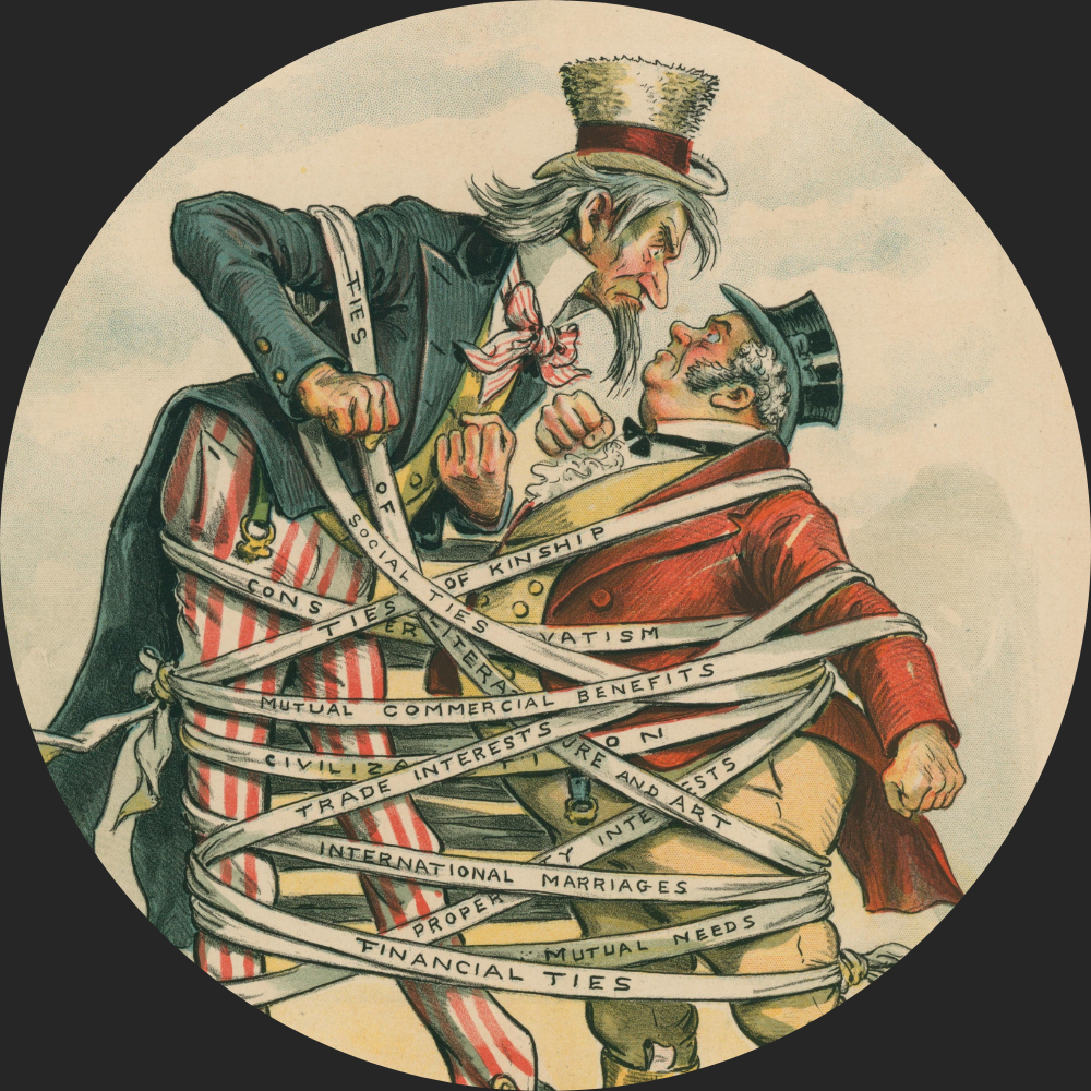 A cartoon shows Uncle Sam and John Bull tangled in ribbons labeled with ties like kinship, trade, and international marriages, symbolizing the complex relationship between the U.S. and Britain.