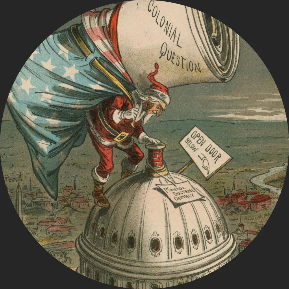 A figure dressed as Santa Claus with a U.S. flag cloak carries a giant scroll labeled “Colonial Question,” preparing to go down the Capitol dome chimney marked “Foreign Policy Chimney.” A sign reads “Open Door Below.”.