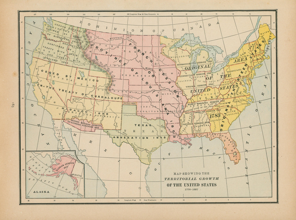 Territorial Growth of the U.S. - Cram's Atlas - Authentic Vintage Map