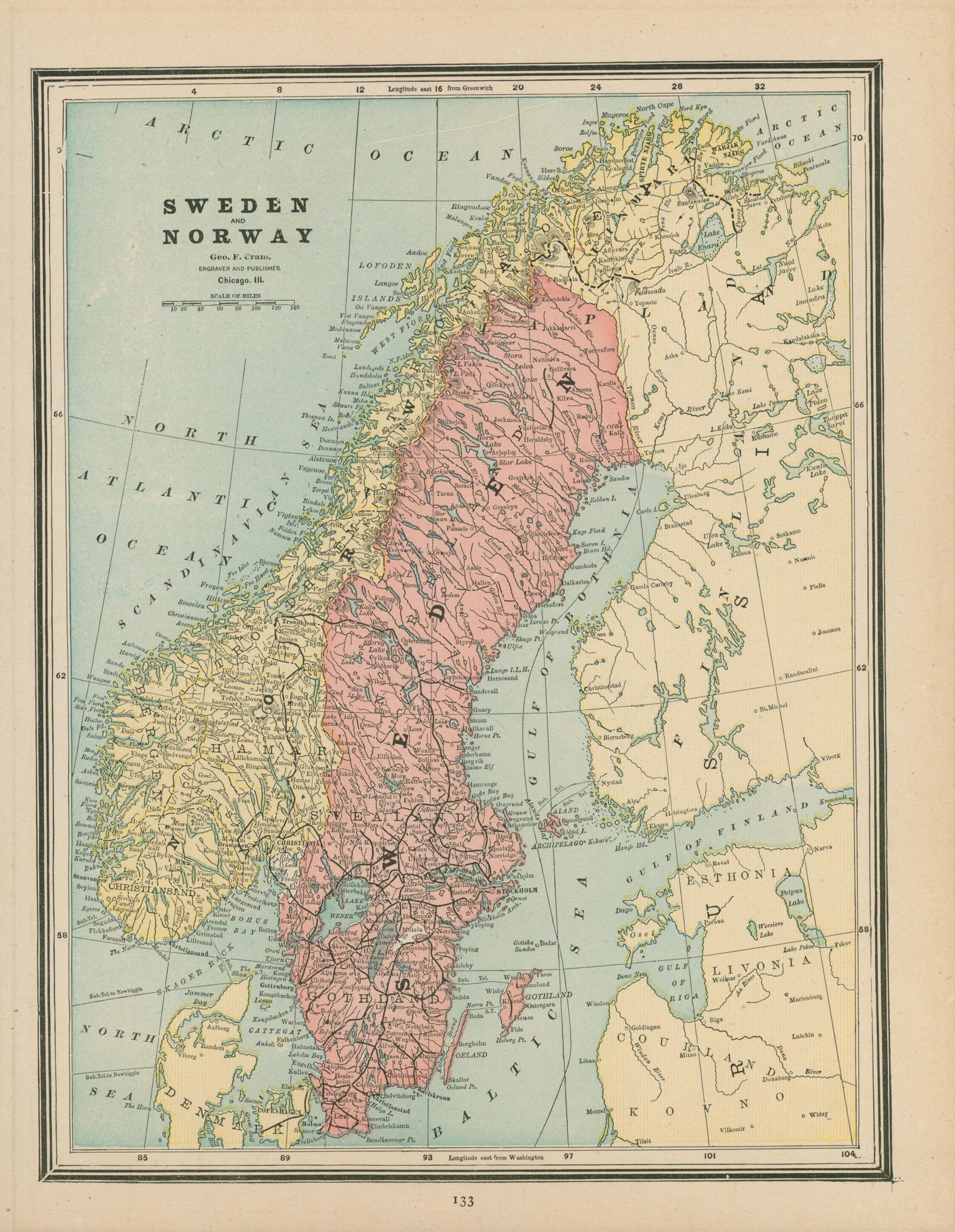 Sweden and Norway- Cram's Atlas - Authentic Vintage Map
