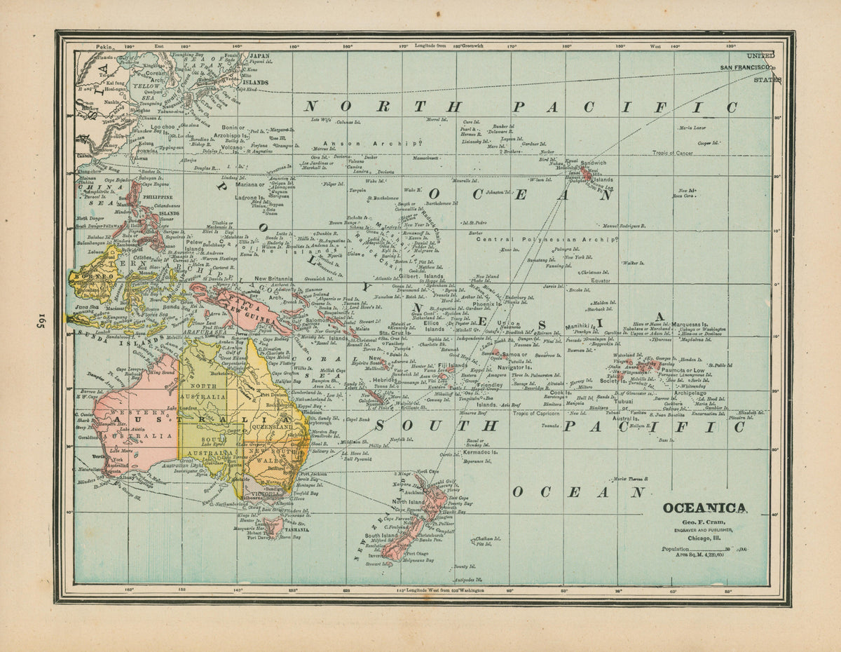 Oceania- Cram's Atlas - Authentic Vintage Map