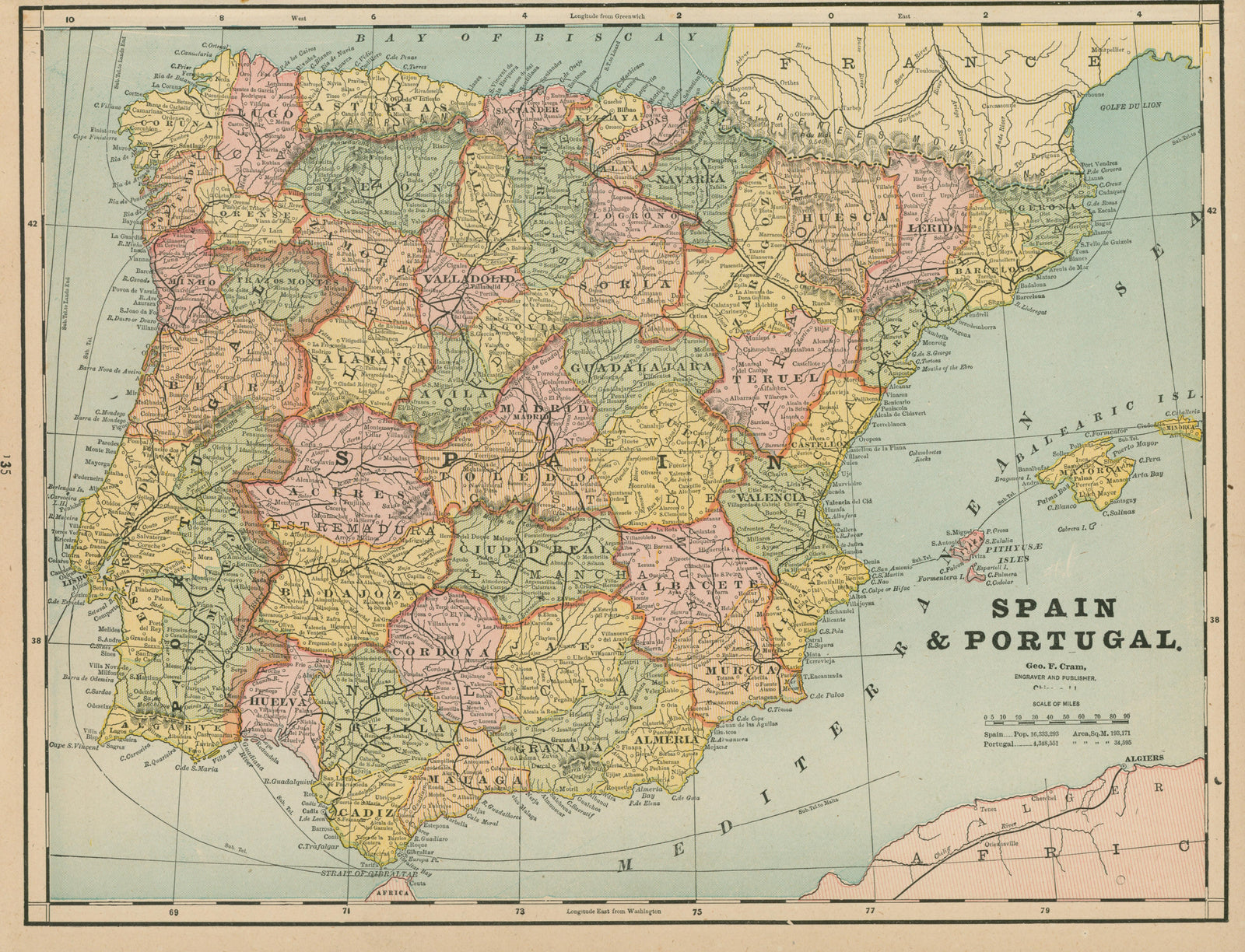 Spain and Portugal- Cram's Atlas - Authentic Vintage Map