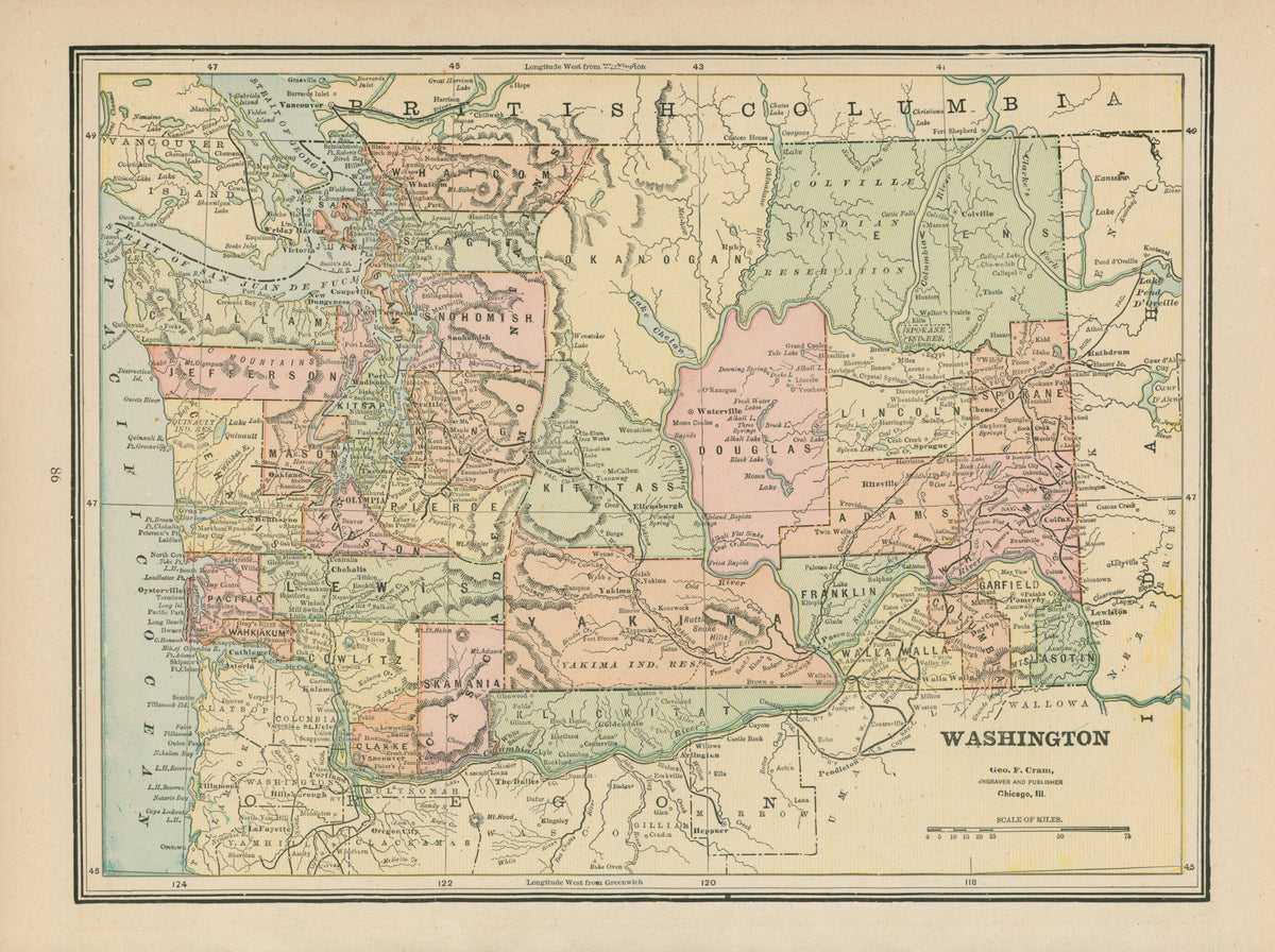 Washington State- Cram's Atlas - Authentic Vintage Map