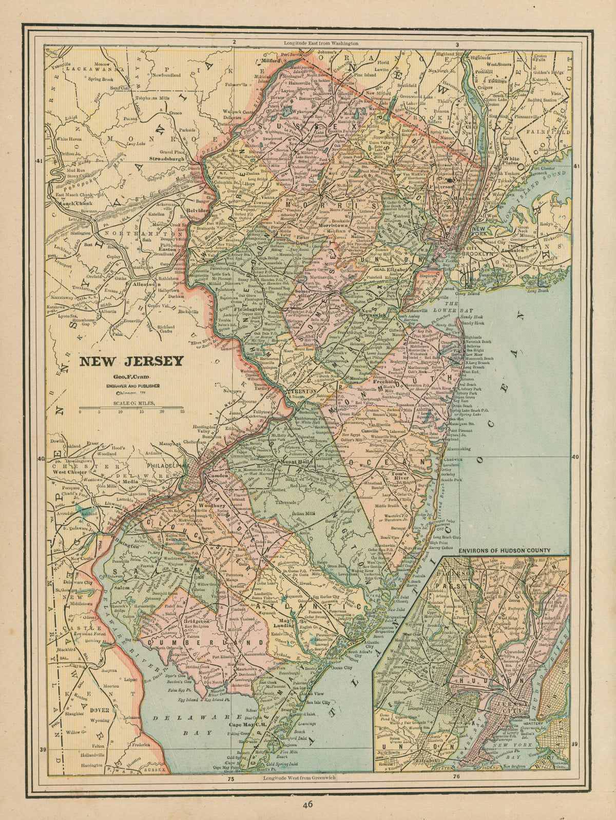 New Jersey- Cram's Atlas - Authentic Vintage Map