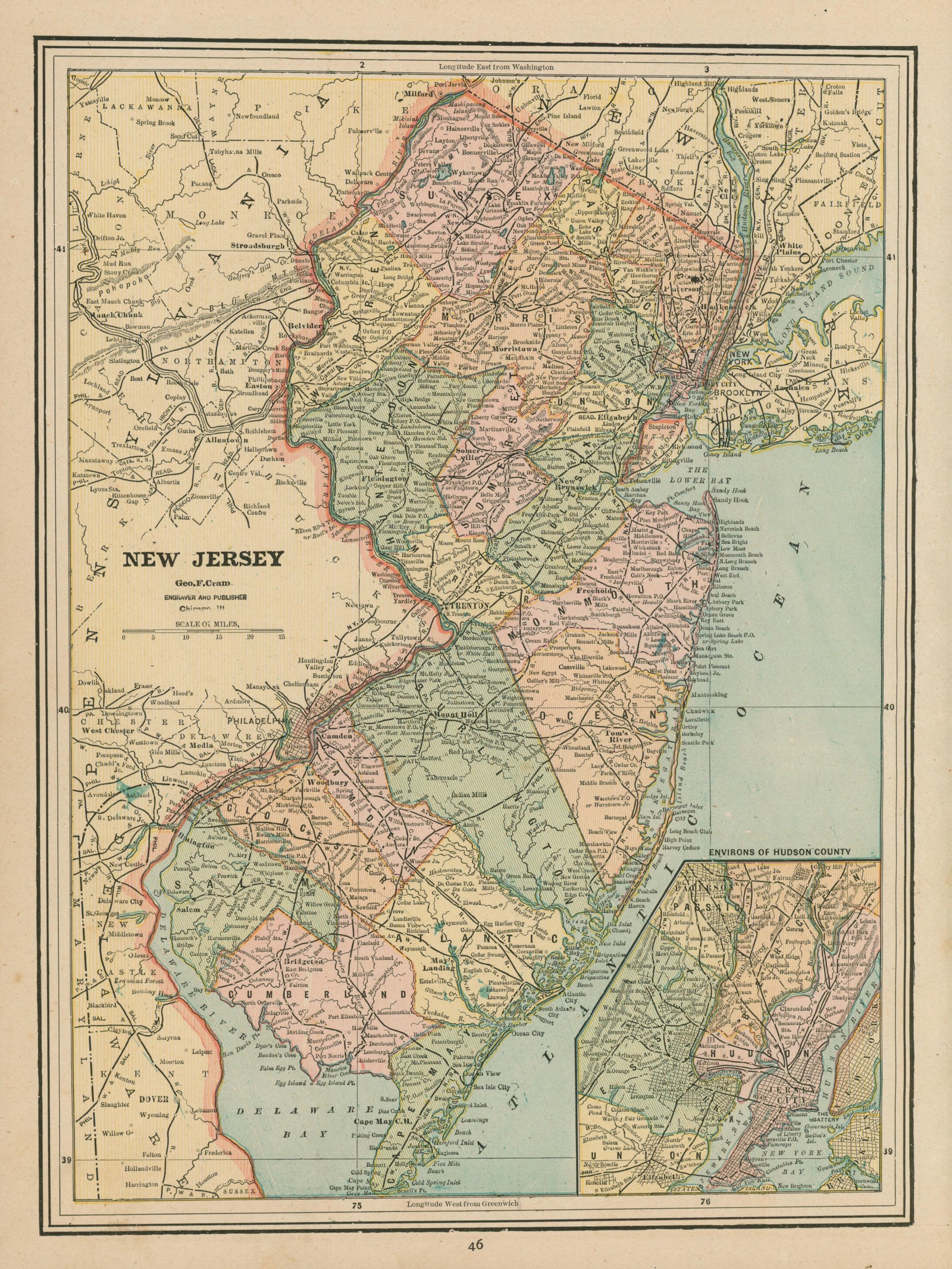 New Jersey- Cram's Atlas - Authentic Vintage Map