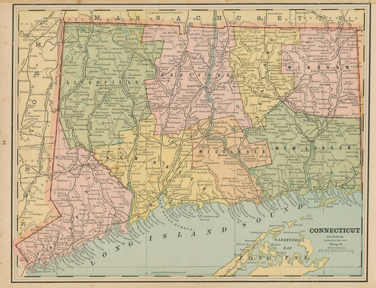 Connecticut- Cram's Atlas - Authentic Vintage Map