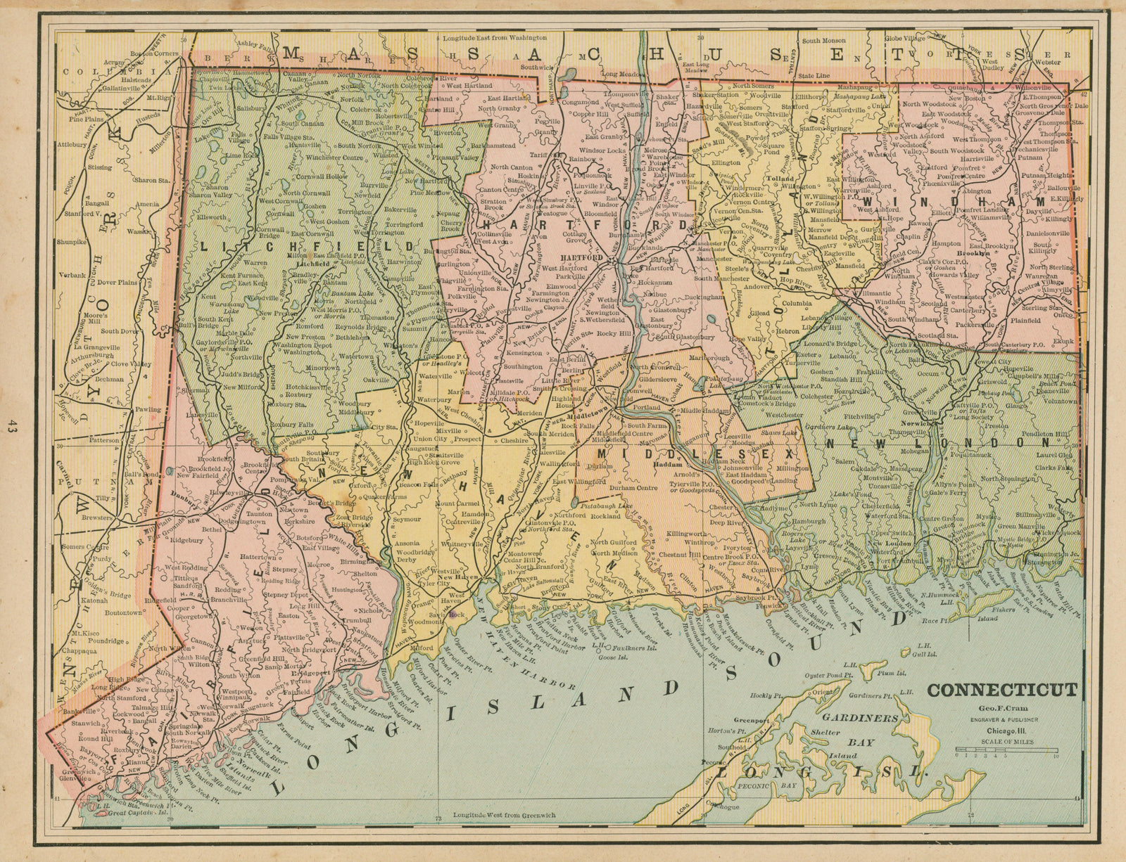 Connecticut- Cram's Atlas - Authentic Vintage Map