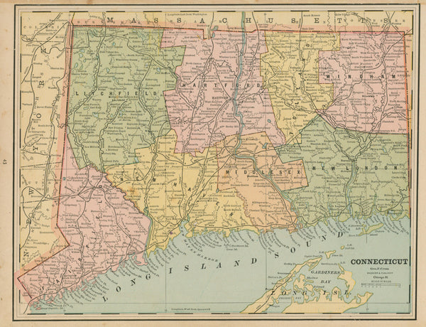 Connecticut- Cram's Atlas - Authentic Vintage Map