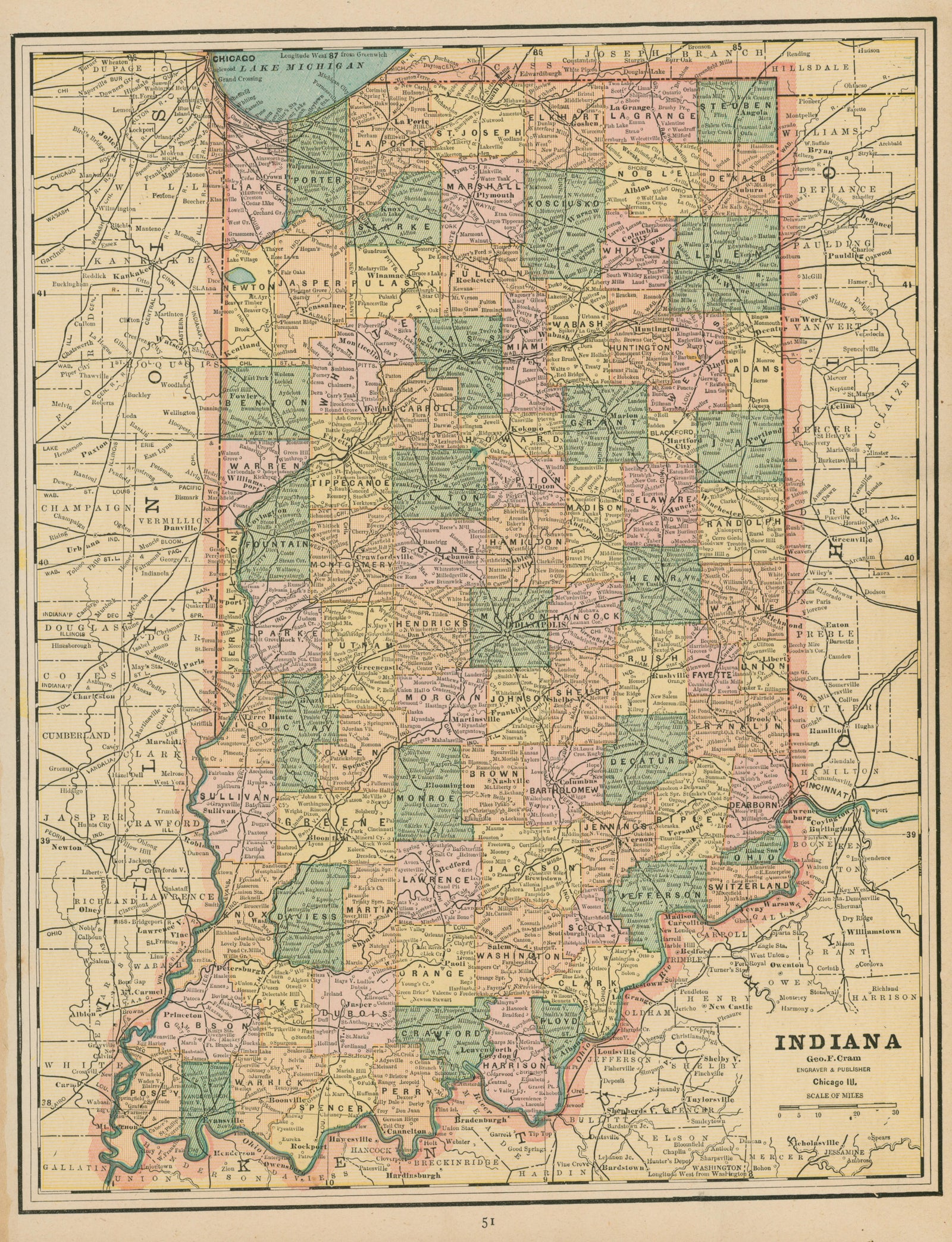 Indiana- Cram's Atlas - Authentic Vintage Map