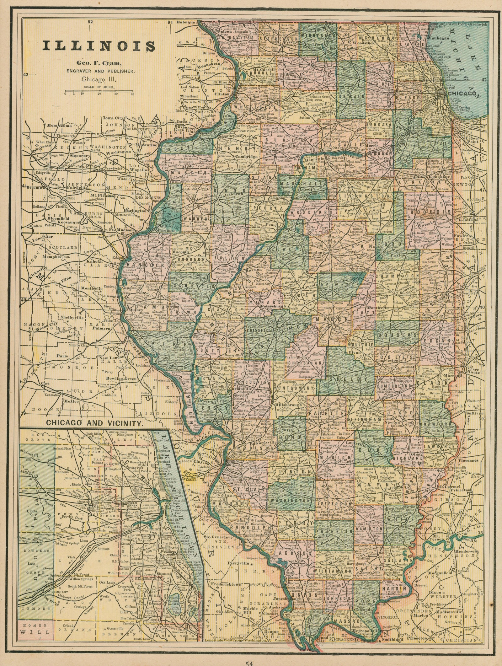 Illinois- Cram's Atlas - Authentic Vintage Map