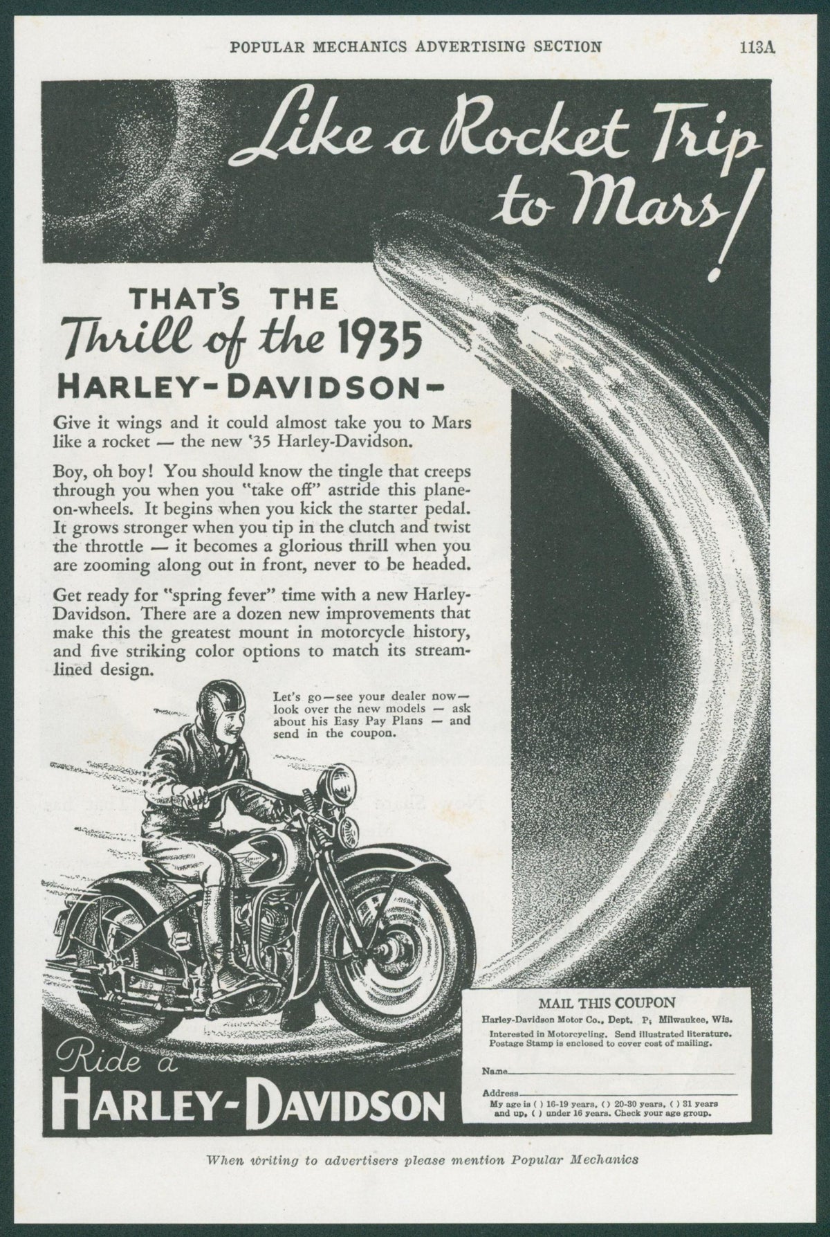 Like a Rocket Ship to Mars, Harley Davidson Ad - Original Vintage Ad: