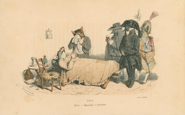 Misery, Hypocrisy and Greed by J.J. Grandville - Original Antique Print: