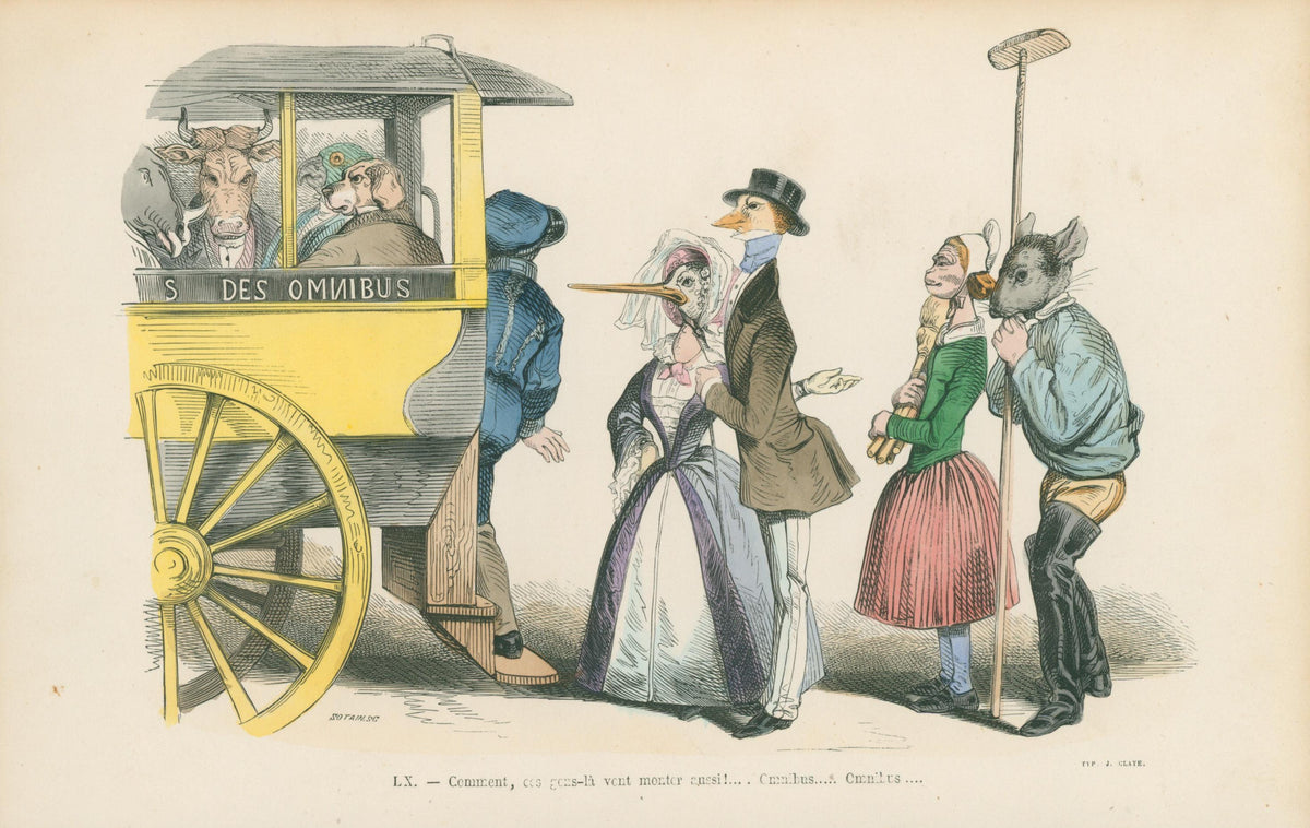 No Room for Strangers by J.J. Grandville  - Original Antique Print: