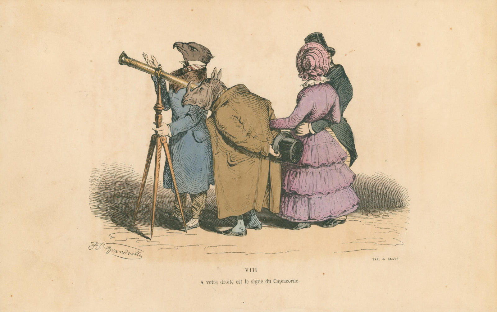 Looking for Capricorn by J.J. Grandville - Original Antique Print: