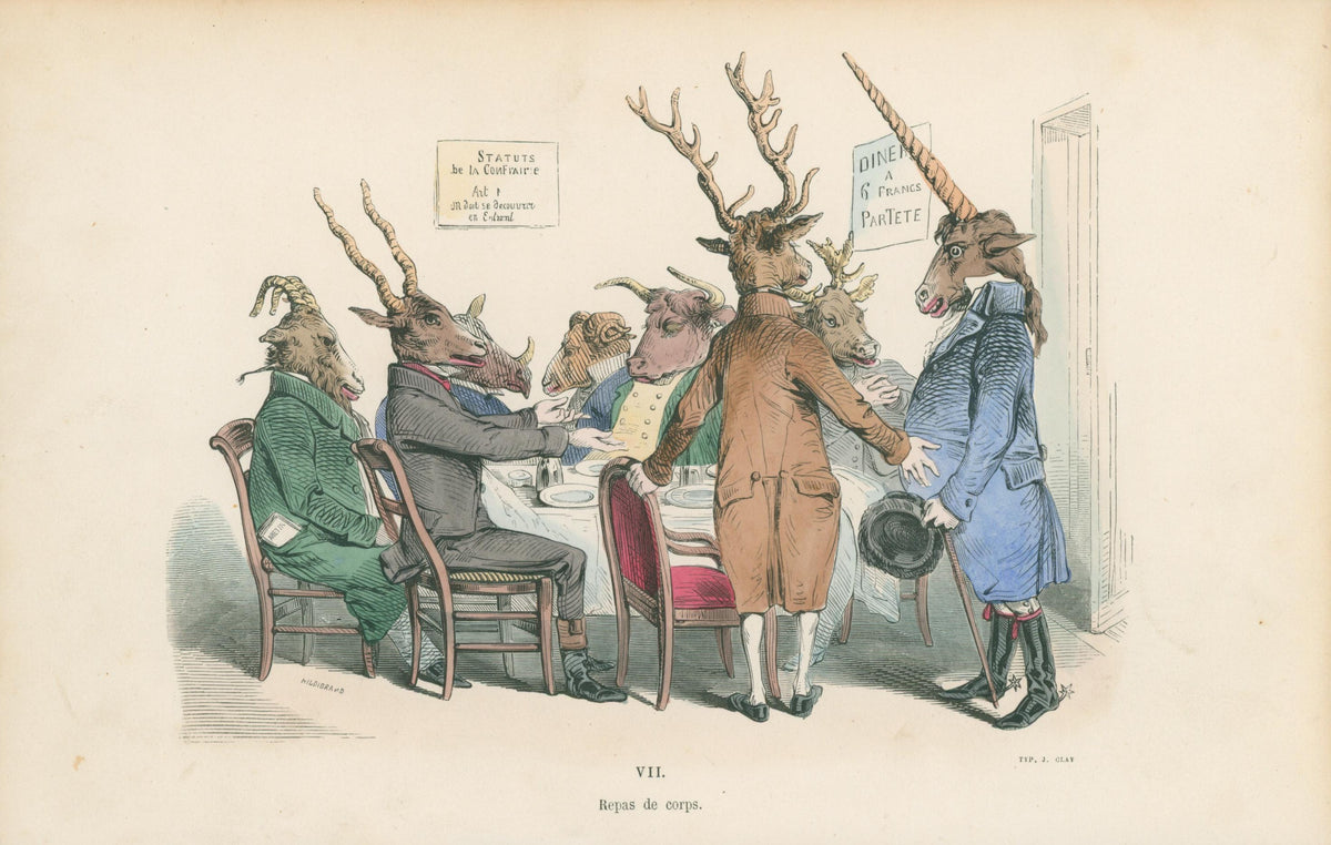 The Corporate Dinner by J.J. Grandville - Original Antique Print: