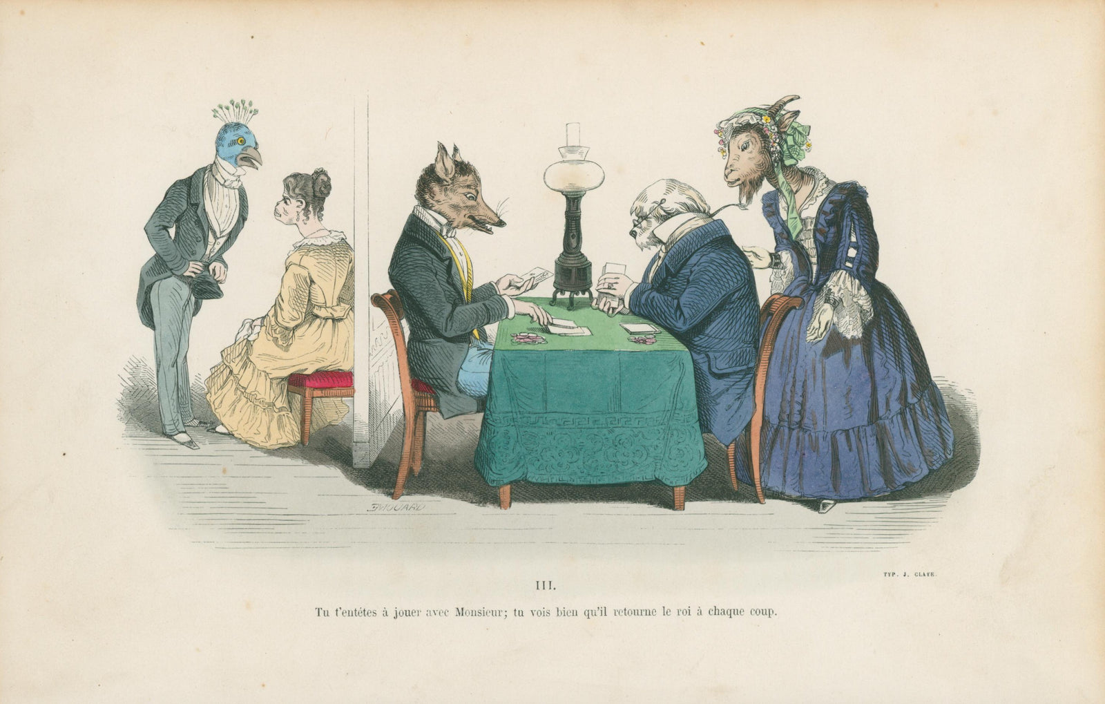 Time for Poker by J.J. Grandville - Original Antique Print: