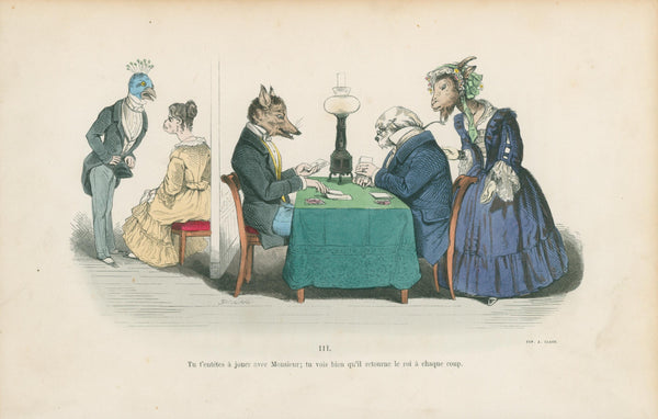 Time for Poker by J.J. Grandville - Original Antique Print: