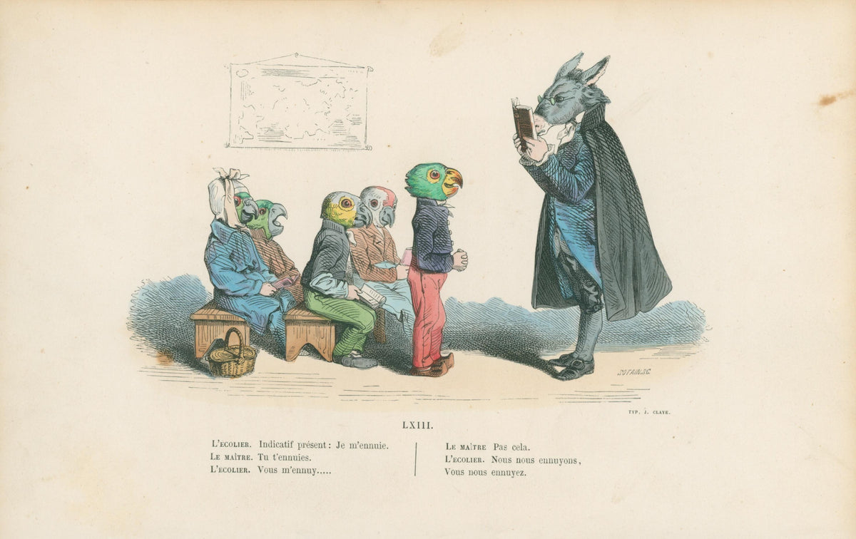 Boring the Students by J.J. Grandville - Original Antique Print: