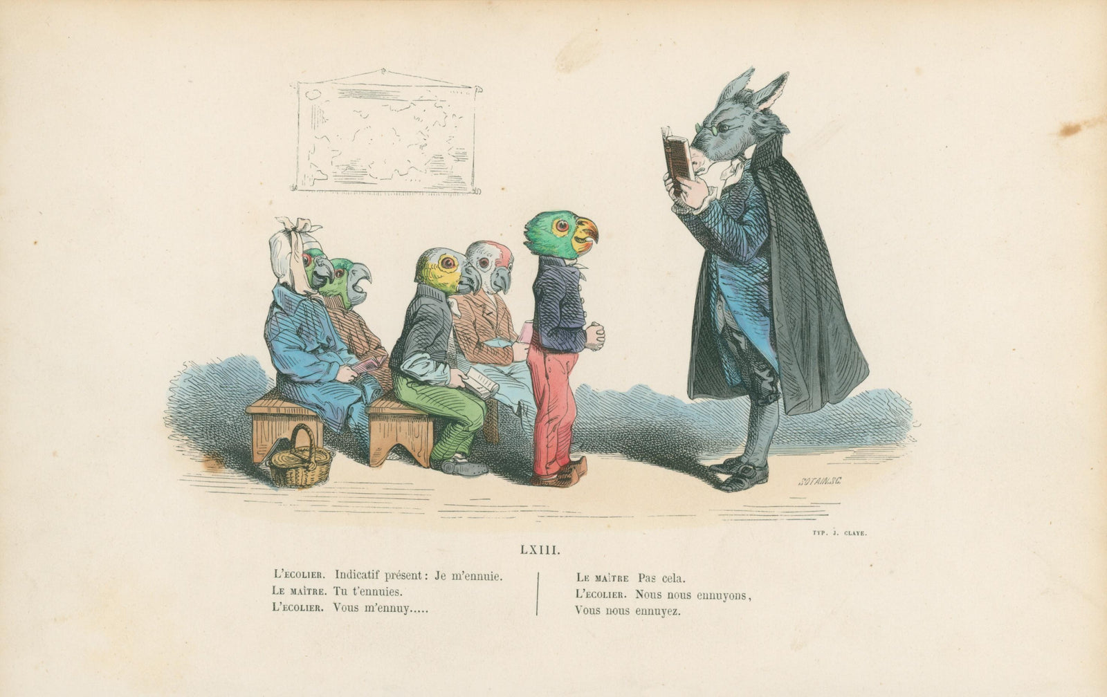 Boring the Students by J.J. Grandville - Original Antique Print: