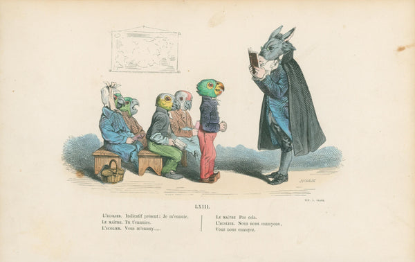 Boring the Students by J.J. Grandville - Original Antique Print: