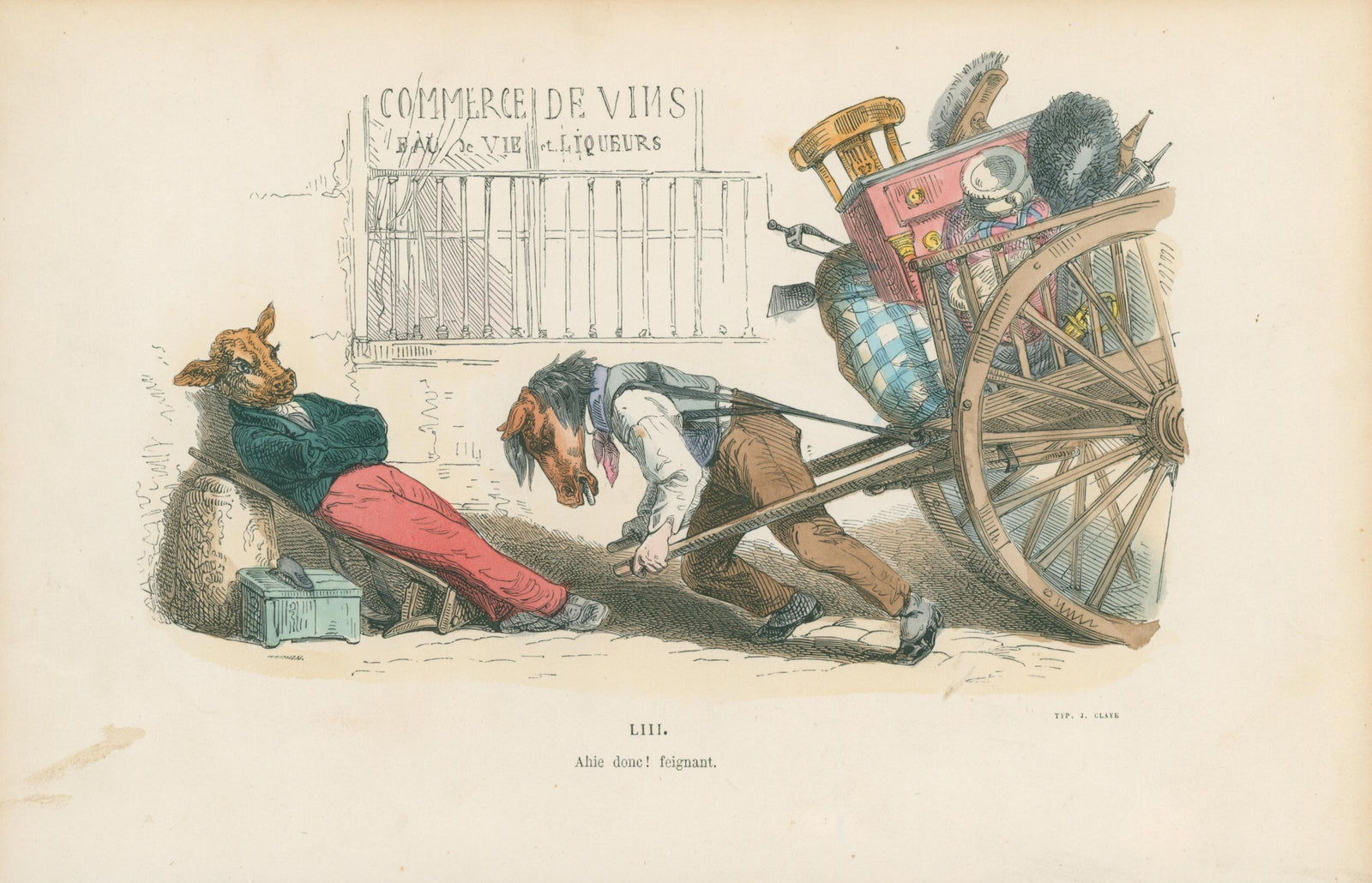 Get Moving, You Slacker by J.J. Grandville - Original Antique Print: