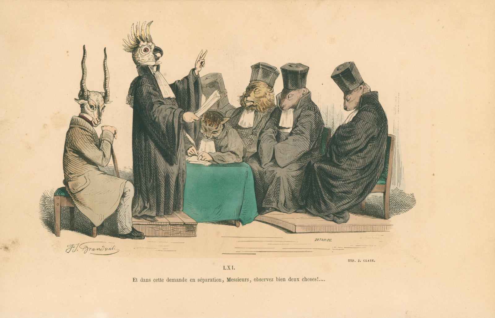 Petition for Separation by J.J. Grandville - Original Antique Print: