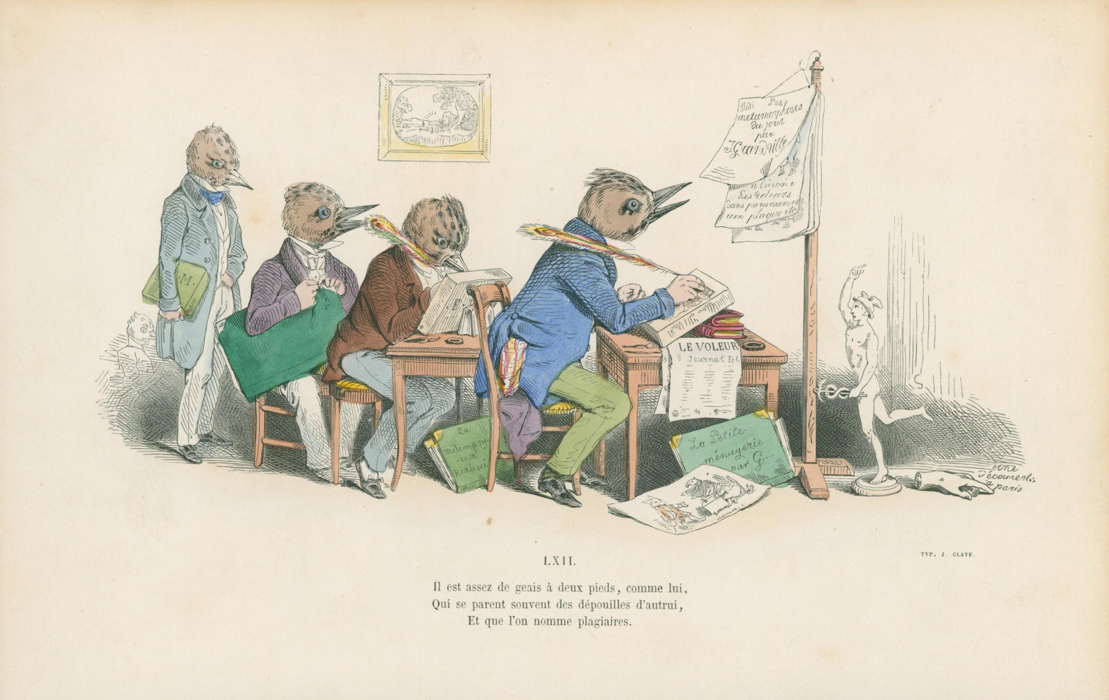 The Writer's Club by J.J. Grandville - Original Antique Print:
