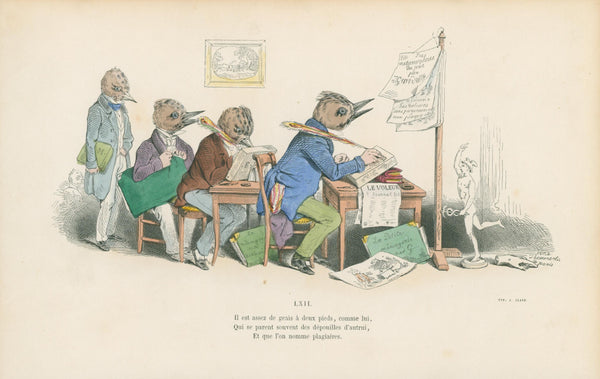 The Writer's Club by J.J. Grandville - Original Antique Print: