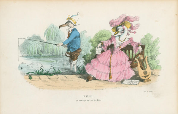 A Lawful Marriage by J.J. Grandville - Original Antique Print: