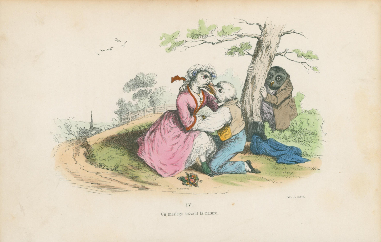 A Natural Marriage by J.J. Grandville - Original Antique Print: