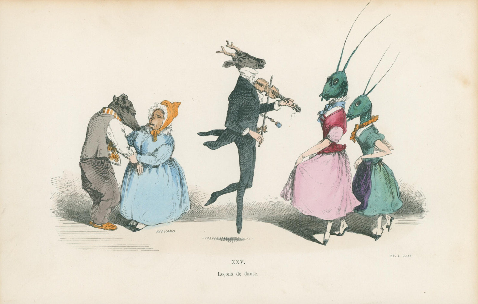 Dance Lessons by J.J. Grandville - Original Antique Print:
