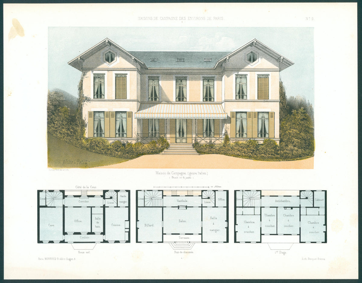 Maisons de Campagne, Architectural Plan NO.9 - Original Antique Print:
