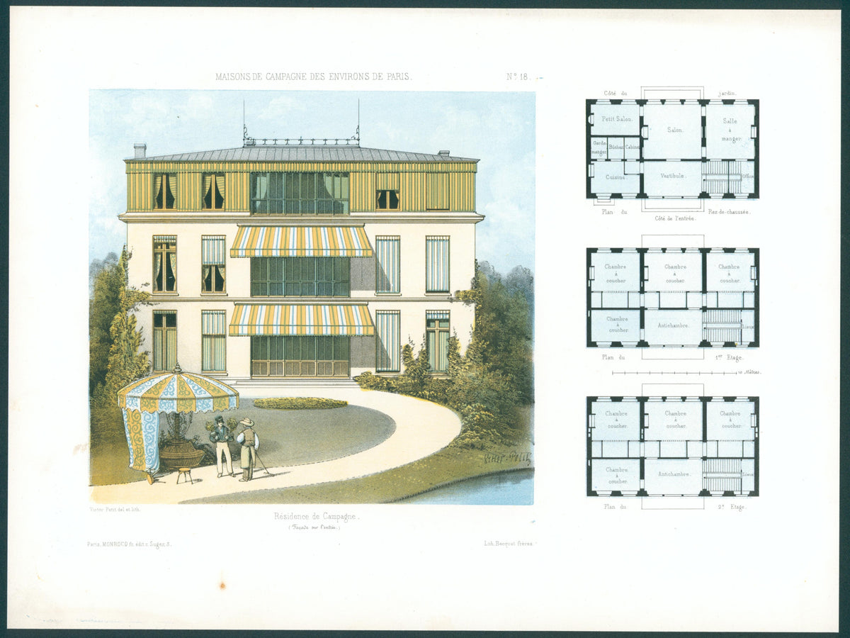 Maisons de Campagne, Architectural Plan NO.18 - Original Antique Print: