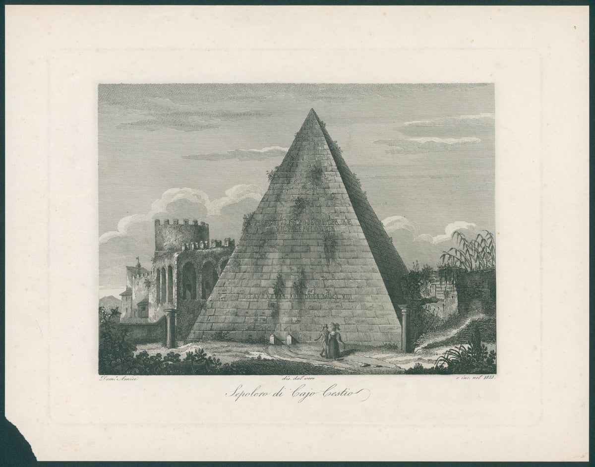 Pyramid of Cestius, Steel Engraving - Original Antique Print: