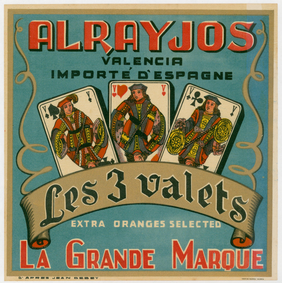 Les 3 Valets Oranges, Spanish Crate Label - Original Vintage Product Label: