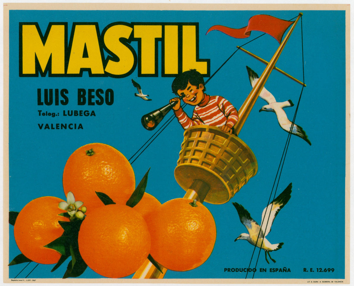 Mastil Oranges, Spanish Crate Label - Original Vintage Product Label:
