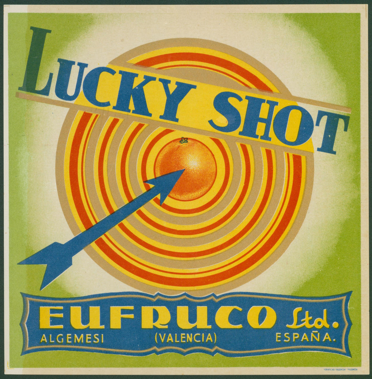 Lucky Shot Oranges, Spanish Crate Label - Original Vintage Product Label:
