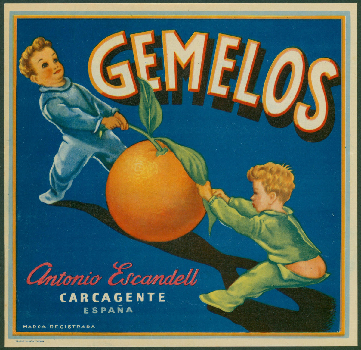 Gemelos Oranges, Spanish Crate Label - Original Vintage Product Label: