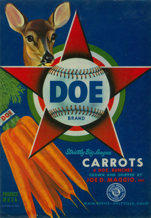 Doe Brand Carrots, California Crate Label - Original Vintage Product Label: