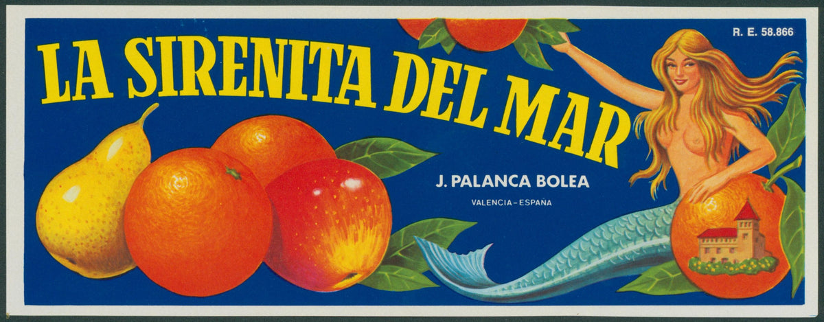La Sirenita Del Mar, Small Spanish Crate Label - Original Vintage Product Label: