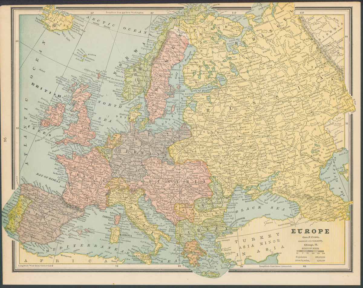 Europe, Cram's Atlas - Original Vintage Map
