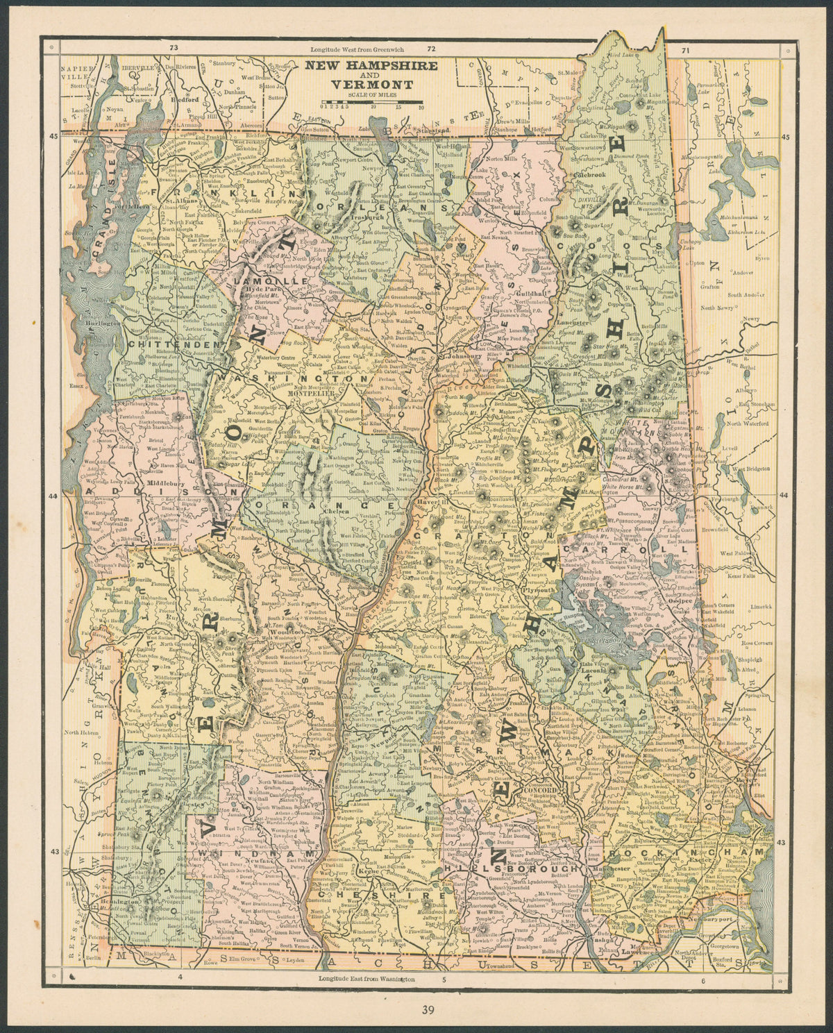 New Hampshire and Vermont, Cram's Atlas - Original Vintage Map
